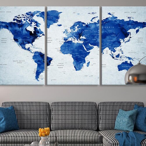 Navy Blue World Map Wall Art Canvas Print Multi Panel Artwork Etsy