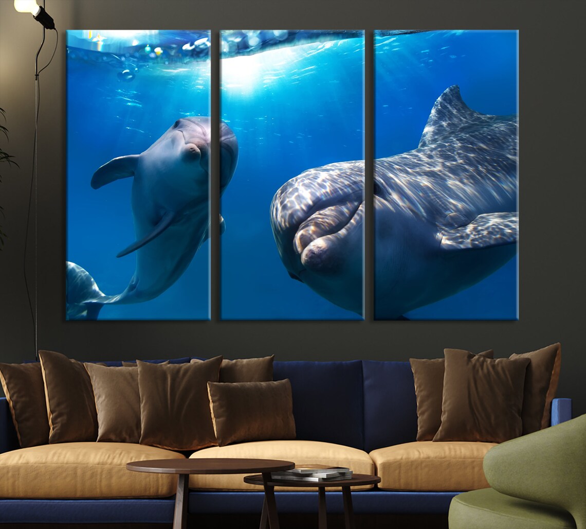 Large Dolphin Wall Art Dolphin Canvas Art Print Underwater Etsy