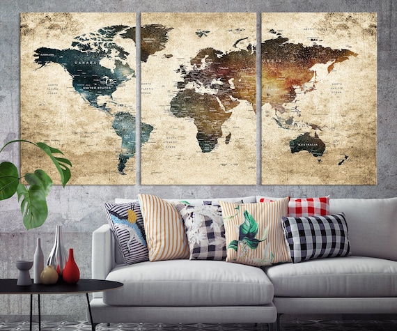 Holy Cow Canvas Personalized Grey Push Pin World Map on Canvas, 3 Sizes,  With Pins to Mark Travels, World Map Pin Board, Best Gift for People Who