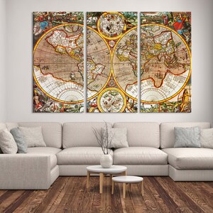 Large 3 Panels Vintage World Map Wall Art Canvas Print - Etsy
