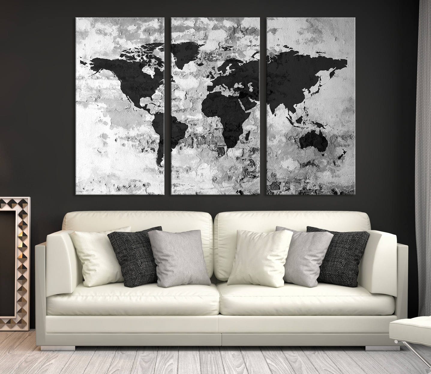 Large Black Painted Watercolor World Map Wall Art 3 Panels - Etsy