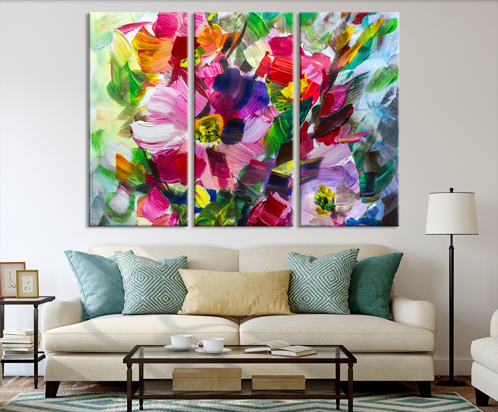 Marvellous Flower Abstract Painting Large 3 Panel Canvas | Etsy