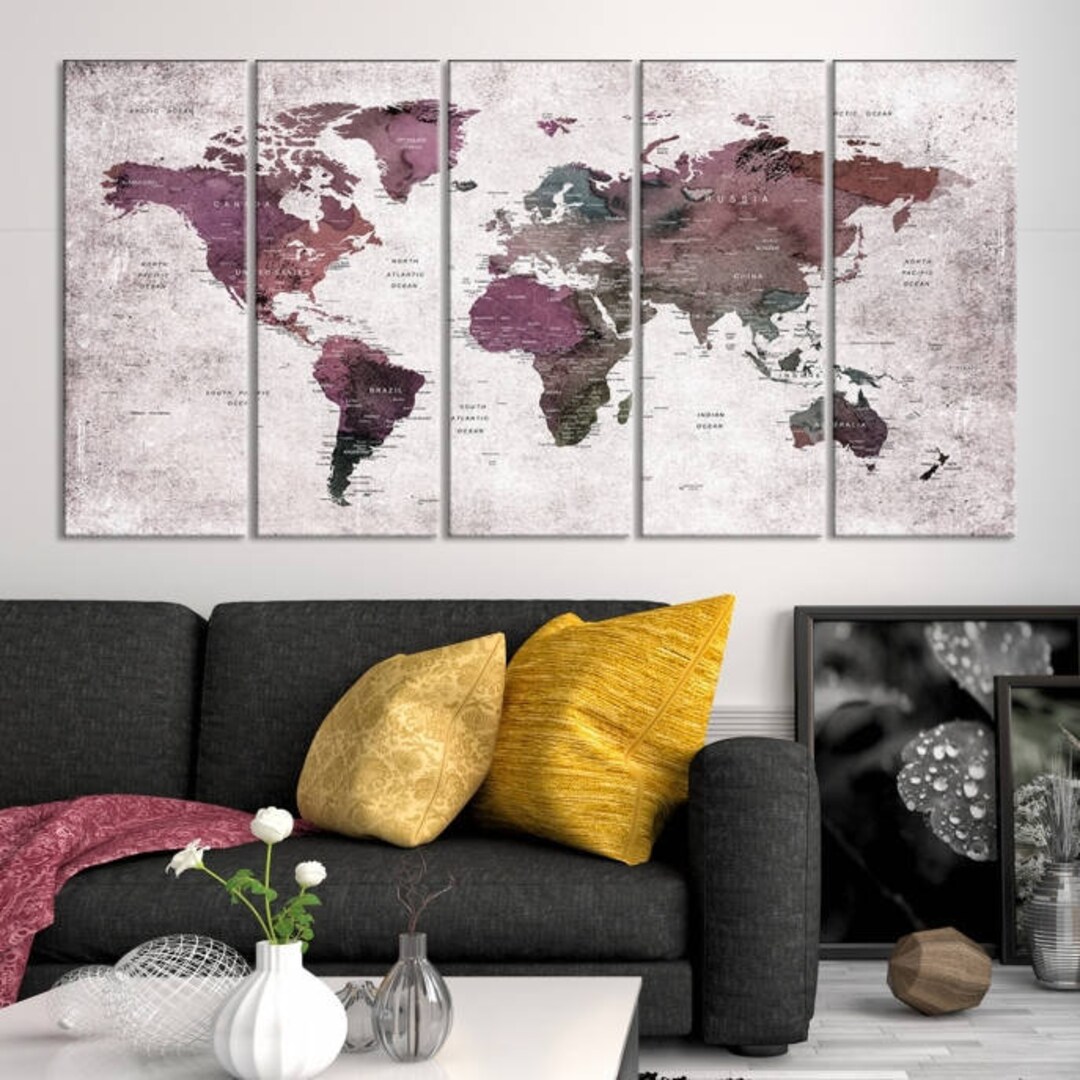 Extra Large Wall Art Watercolor Push Pin World Map Canvas Print, Large ...