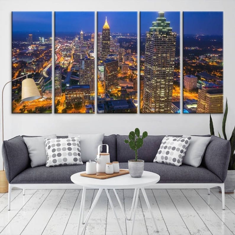 Extra Large Atlanta Aerial View Wall Art Atlanta City Lights at Night Print on Canvas Atlanta Skyline Wall Art