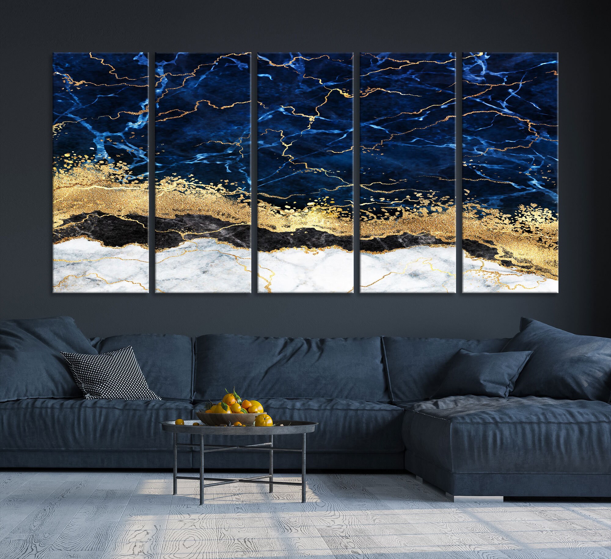 Gold Blue Abstract Canvas Wall Art Large Marble Canvas Print Etsy