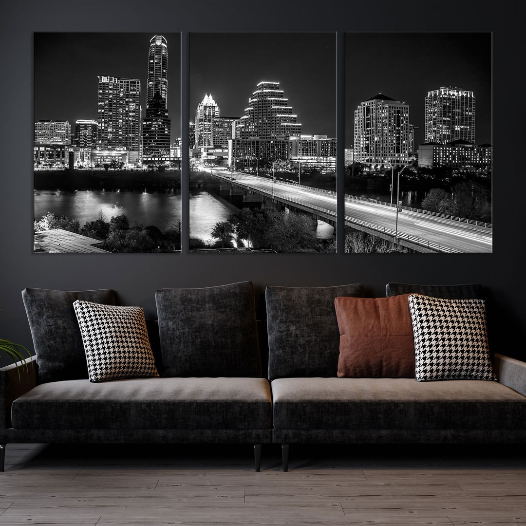 Xlarge Austin Skyline Canvas Art Print, Black and White Austin
