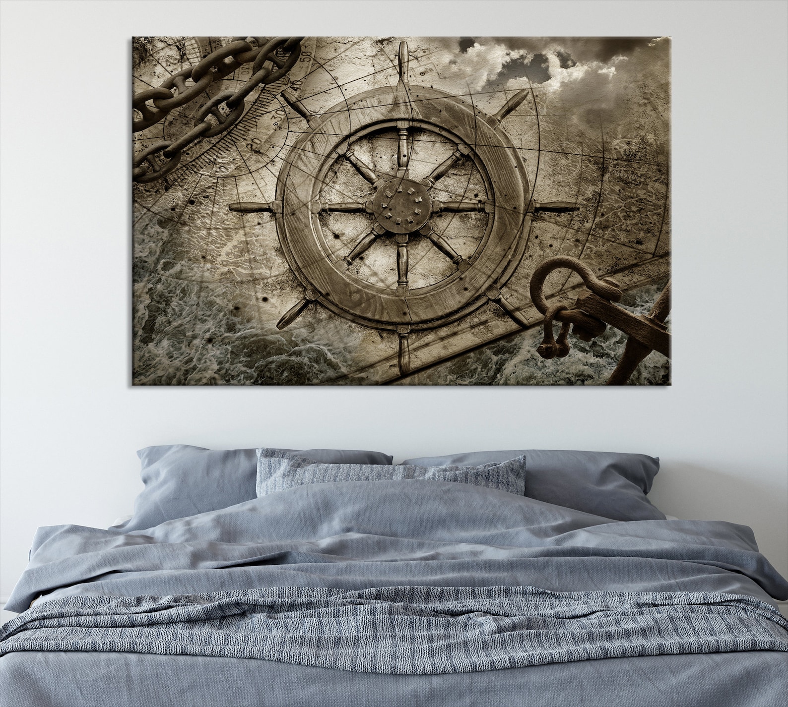 Large Nautical Wall Art Ship Wheel Art Print Ocean Theme Etsy