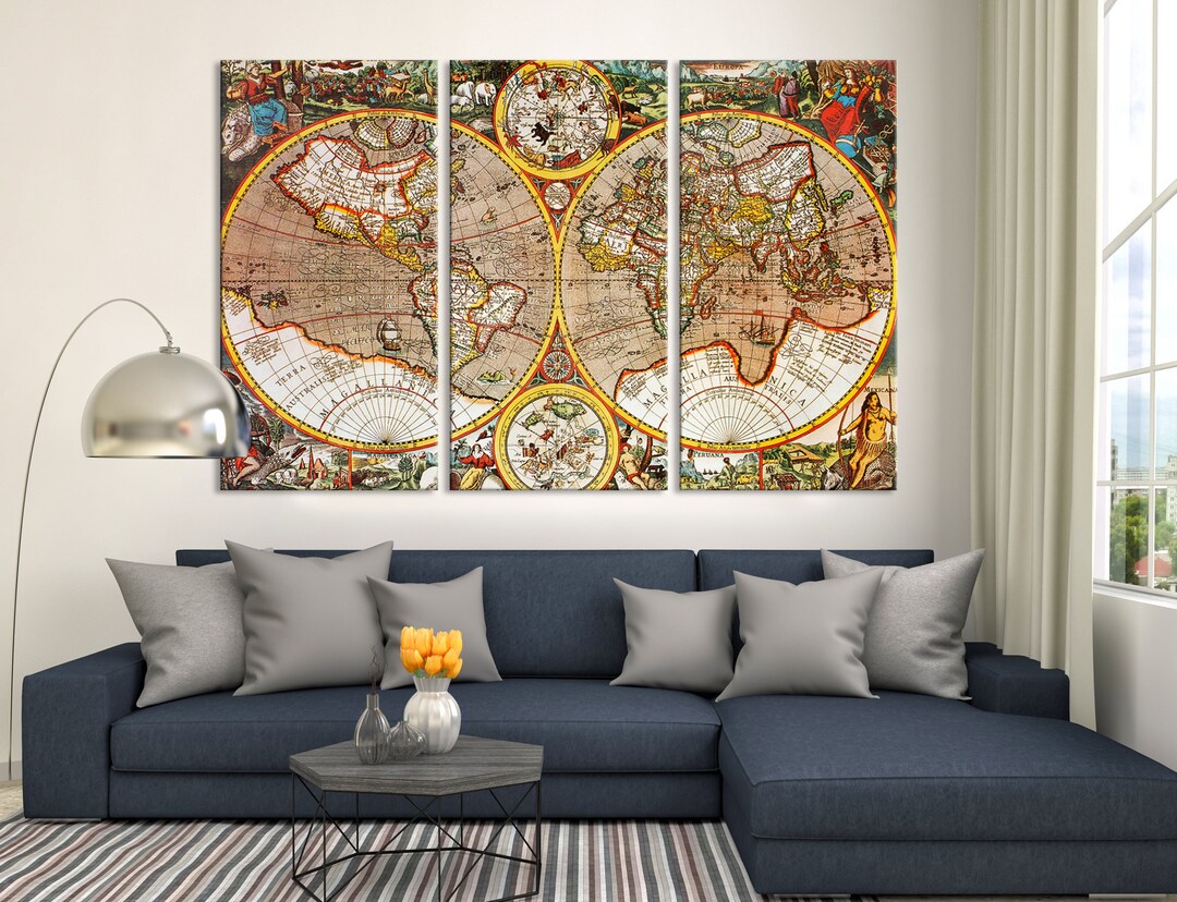 Large 3 Panels Vintage World Map Wall Art Canvas Print - Etsy