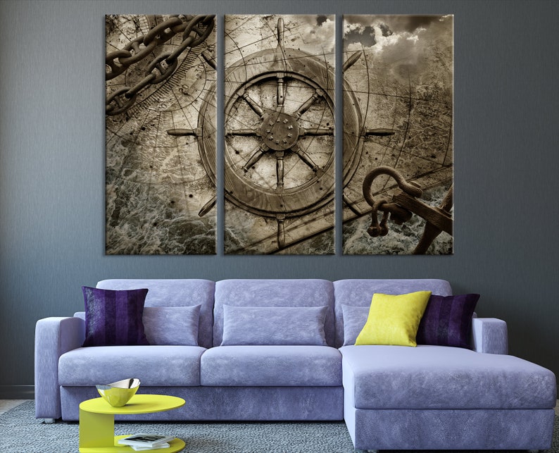 Large Nautical Wall Art Ship Wheel Art Print Ocean Theme Etsy