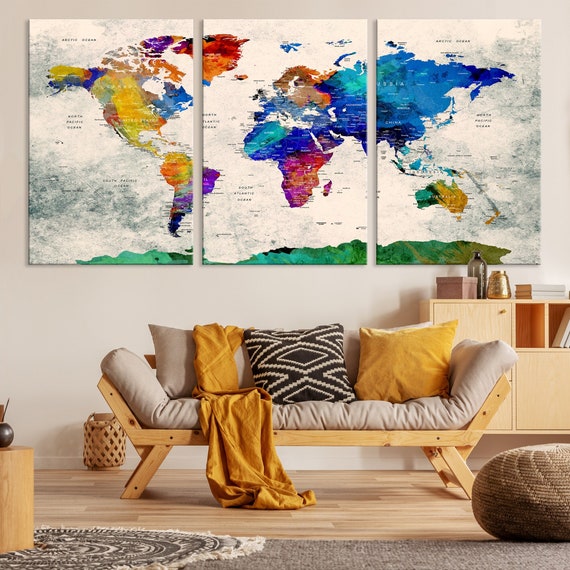 Large Canvas World Map Wall Art Push Pin Travel Map Set of 3 