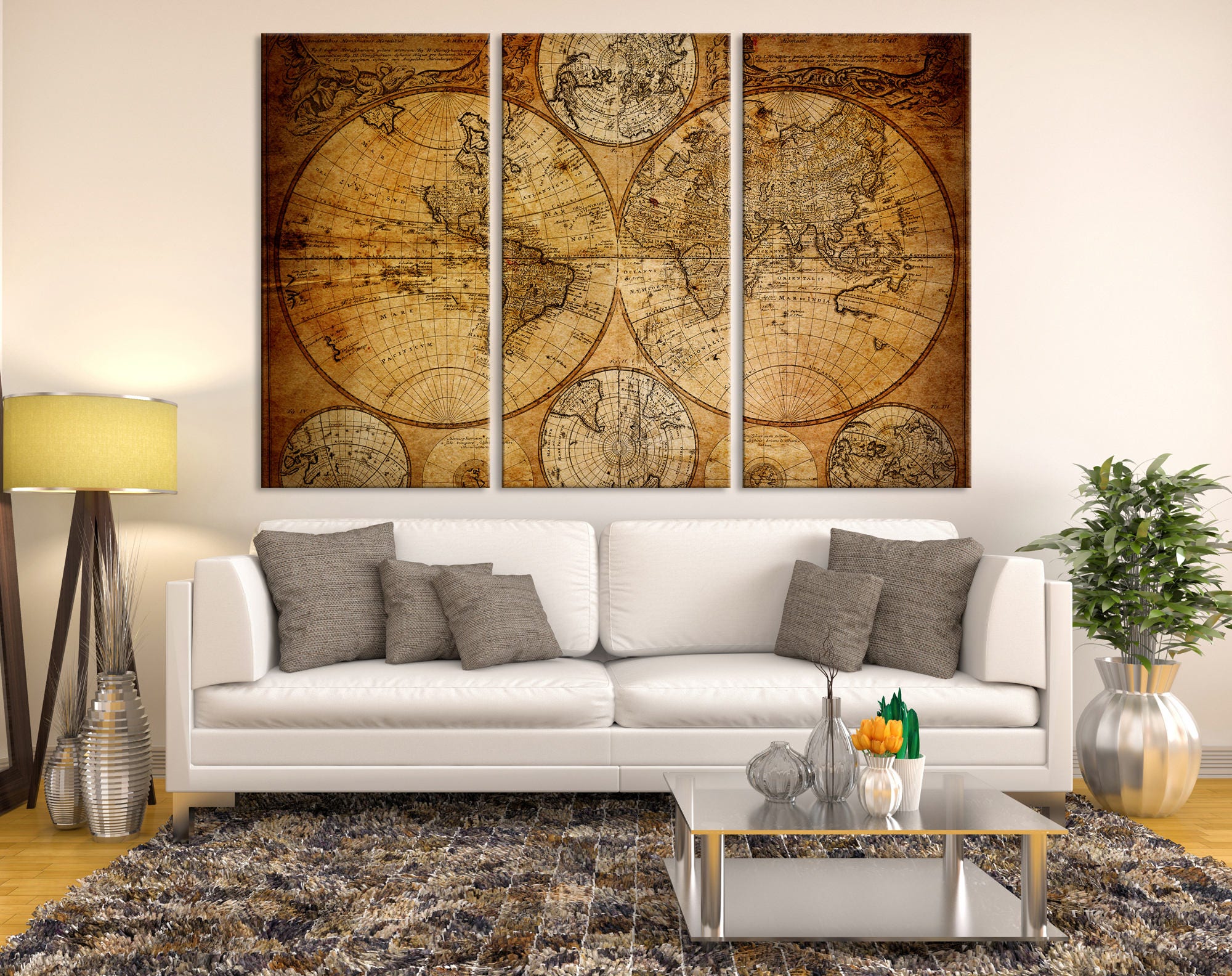 Large 3piece Vintage World Map Wall Art Map Canvas Print Etsy