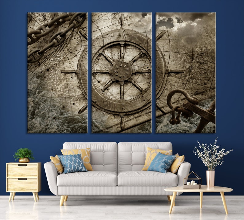 Large Nautical Wall Art Ship Wheel Art Print Ocean Theme Etsy