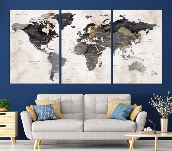Prints Extra Large 5 Panel Watercolor World Map Canvas Wall Art Push ...