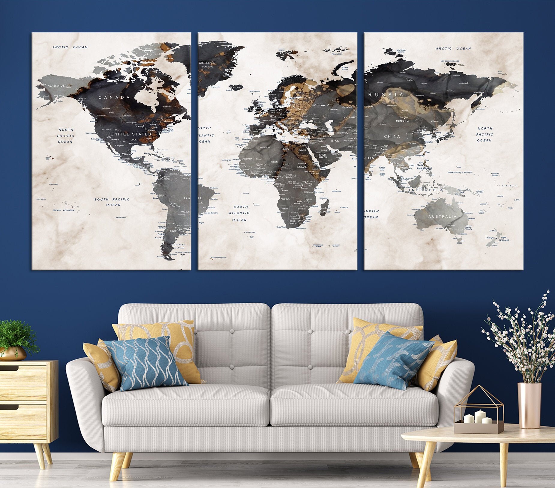 Canvas World Map Art mural showing Country and Major Cities in Mixed