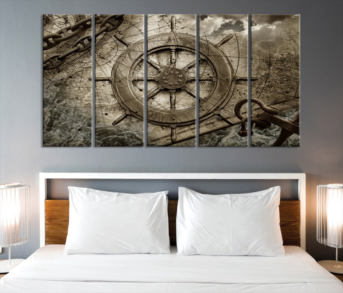 Large Nautical Wall Art Ship Wheel Art Print Ocean Theme Etsy