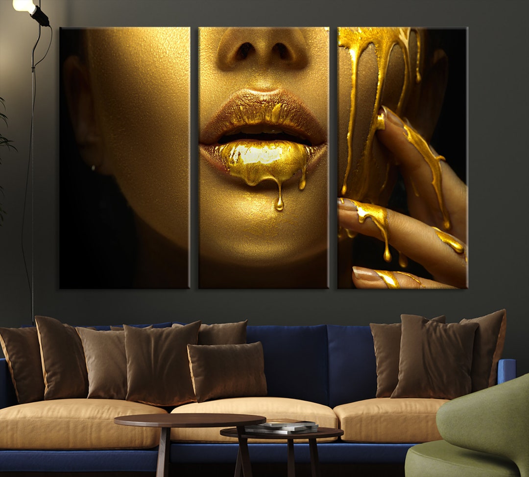 Gold Lips Wall Art Set of 3 Panels Beauty Fashion Abstract Etsy