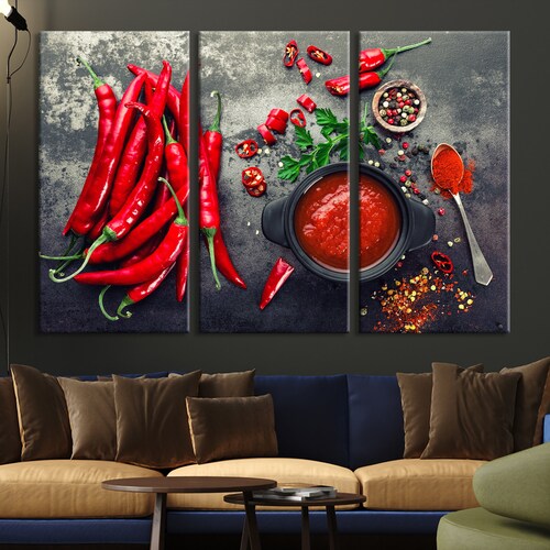 Deals Red Chili Peppers Canvas Artwork, Large Wall Art, Spice Art, Red Chili Peppers Wall Art, Framed Chili Peppers Canvas, Modern Kitchen Decor