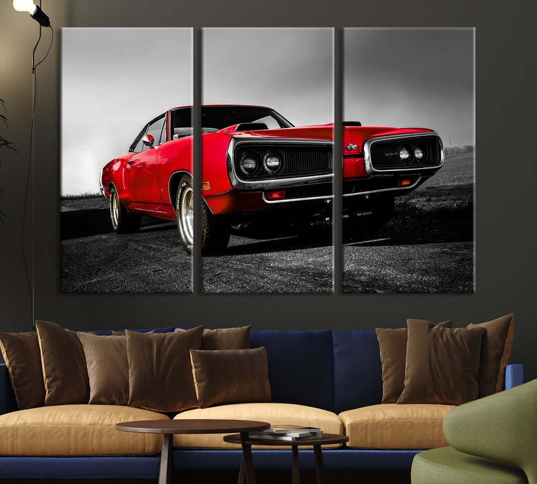 Extra Large Red Classic Car Wall Art, Vintage Car Canvas Print, Red Antique Car Canvas Wall Art