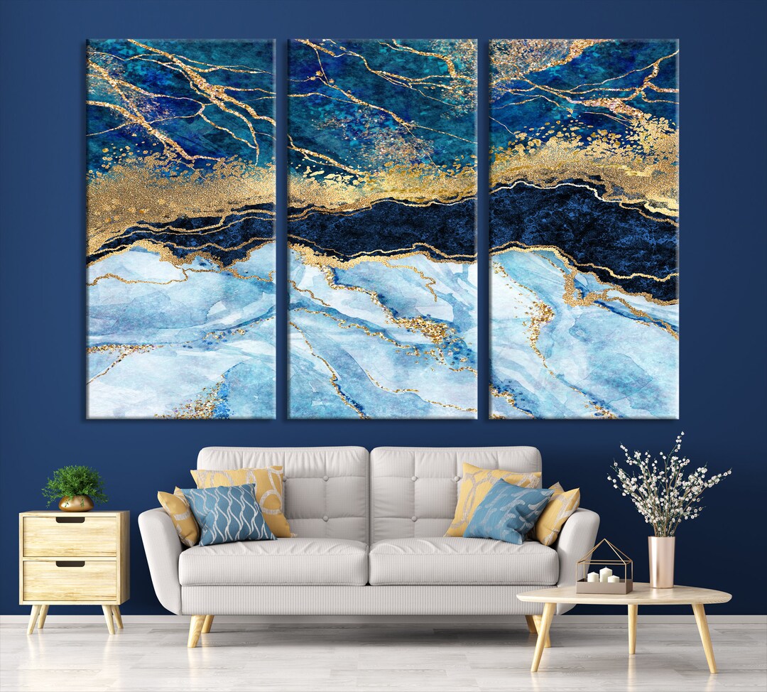 Blue Abstract Wall Art Canvas Print Gold Blue Marble Painting, Marble