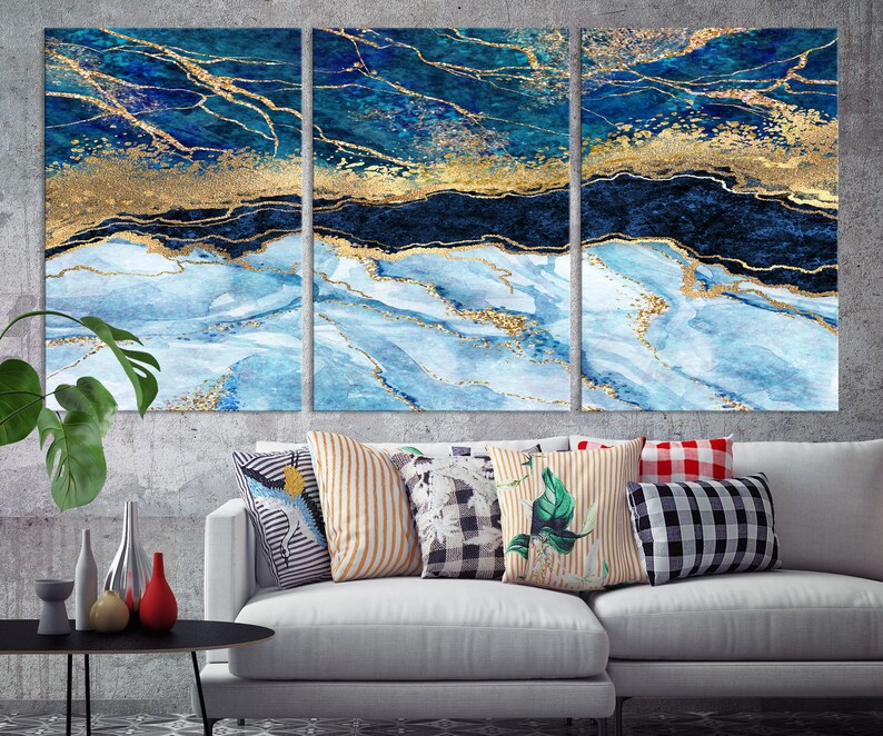 Blue Abstract Wall Art Canvas Print Gold Blue Marble Etsy