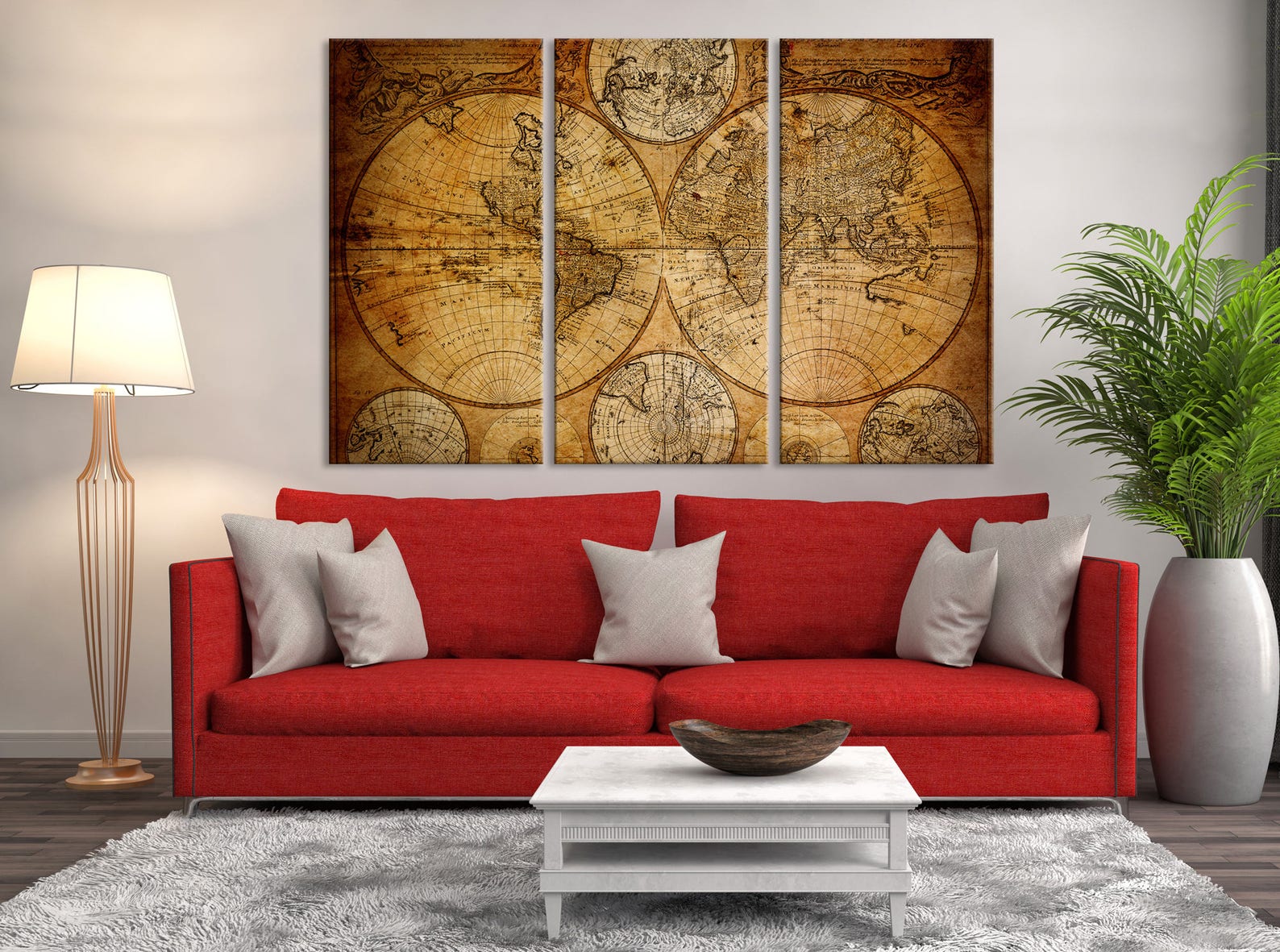Large 3piece Vintage World Map Wall Art Map Canvas Print Etsy