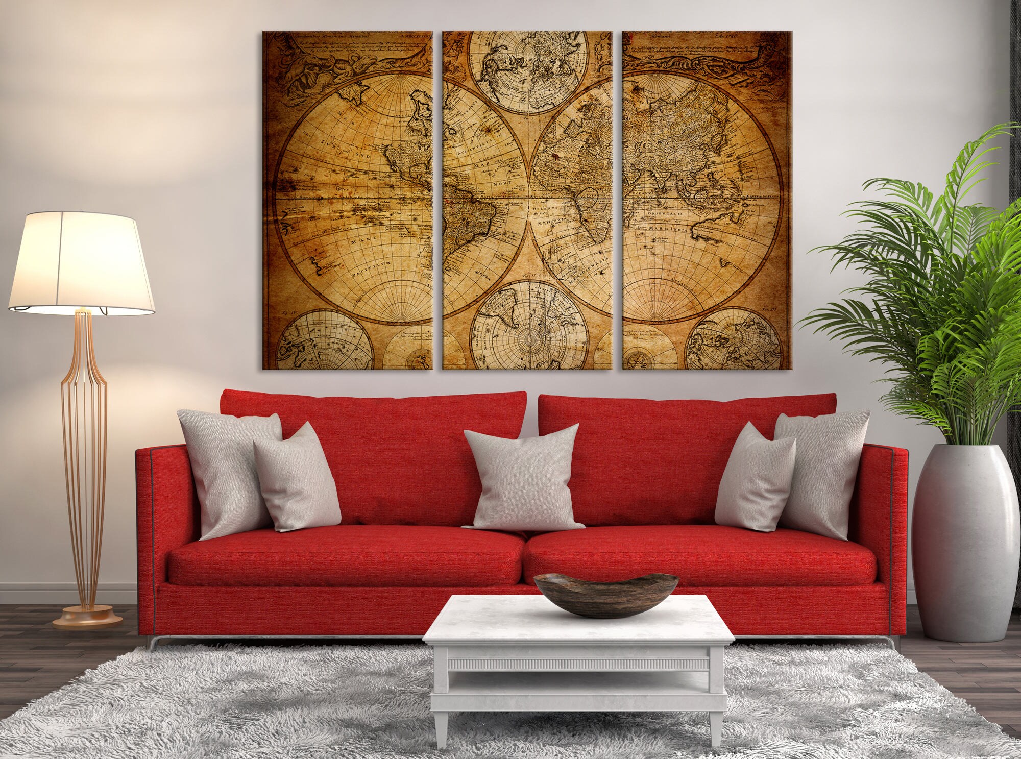 Large 3piece Vintage World Map Wall Art Map Canvas Print Etsy
