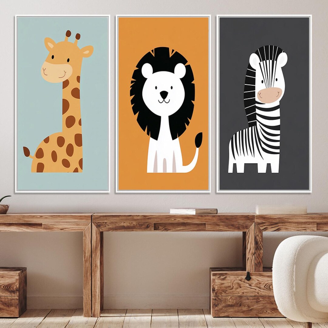 Jungle Animals Wall Art Print, Framed Canvas With Zebra, Lion and ...