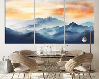 Sunset Foggy Mountain Wall Art, Abstract Landscape Canvas Print, Nature Painting, Modern Minimal Decor