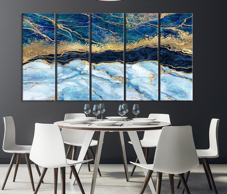 Blue Abstract Wall Art Canvas Print Gold Blue Marble Etsy