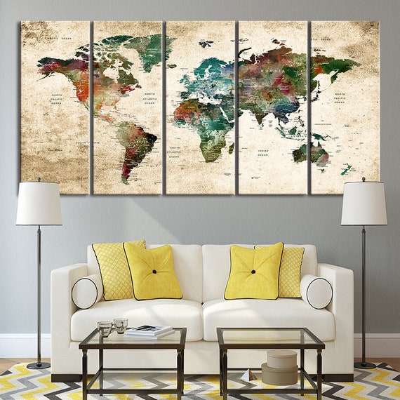 Prints Extra Large 5 Panel Watercolor World Map Canvas Wall Art Push ...