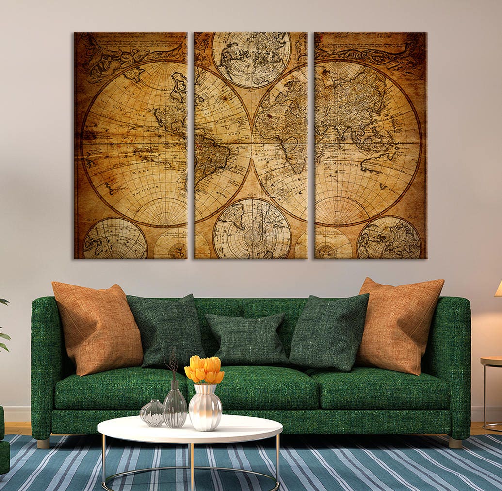 Large 3piece Vintage World Map Wall Art Map Canvas Print Etsy