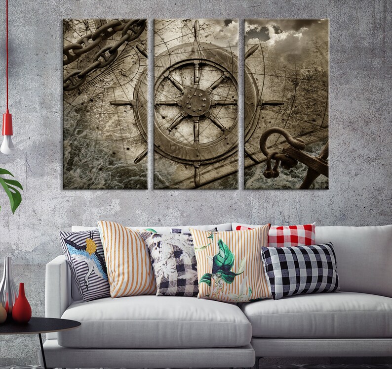 Large Nautical Wall Art Ship Wheel Art Print Ocean Theme Etsy