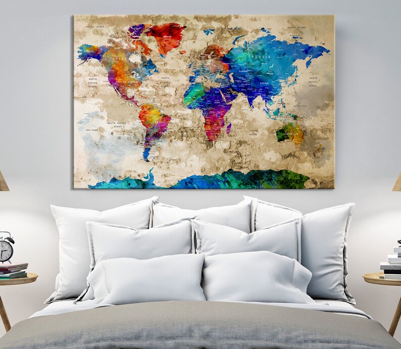 Triptych Grunge World Map Art Print Extra Large Push Pin Etsy