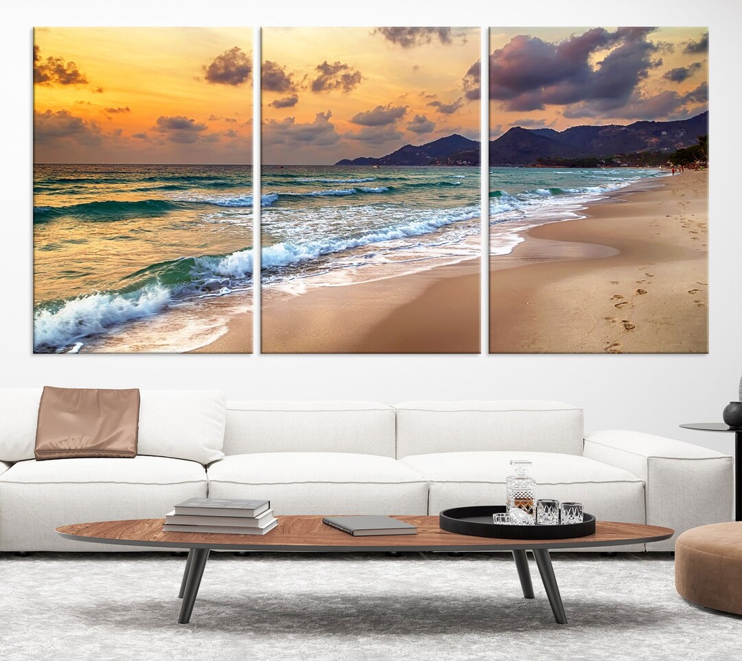 Sunset Beach Scene Wall Art Framed Landscape Canvas Print Large Home