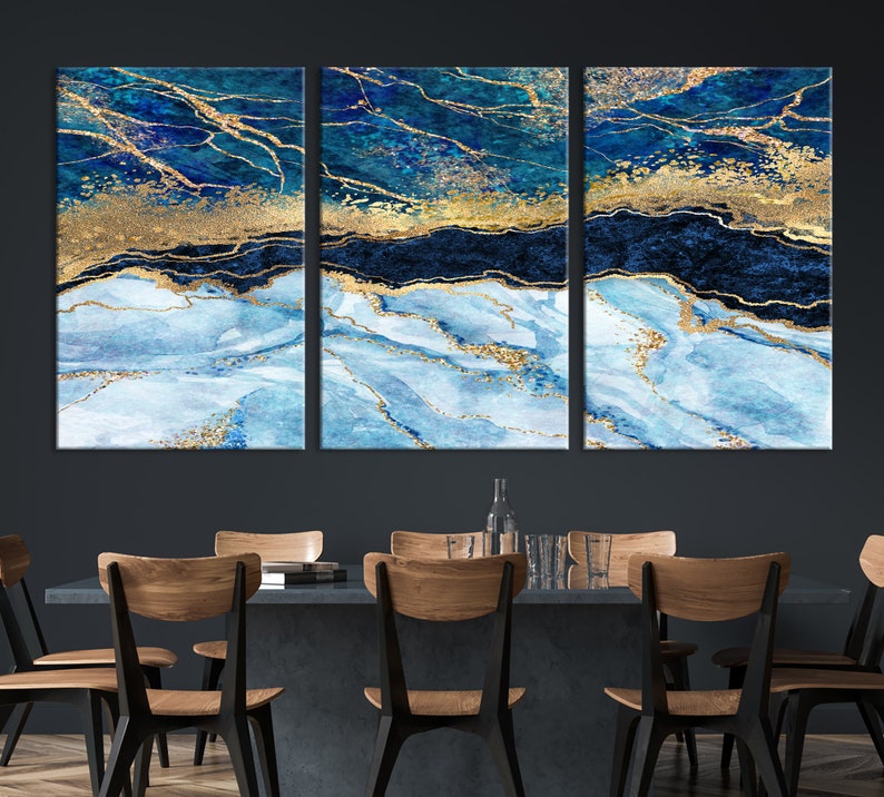 Blue Abstract Wall Art Canvas Print Gold Blue Marble Etsy