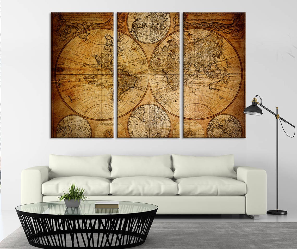 Large 3piece Vintage World Map Wall Art Map Canvas Print Etsy