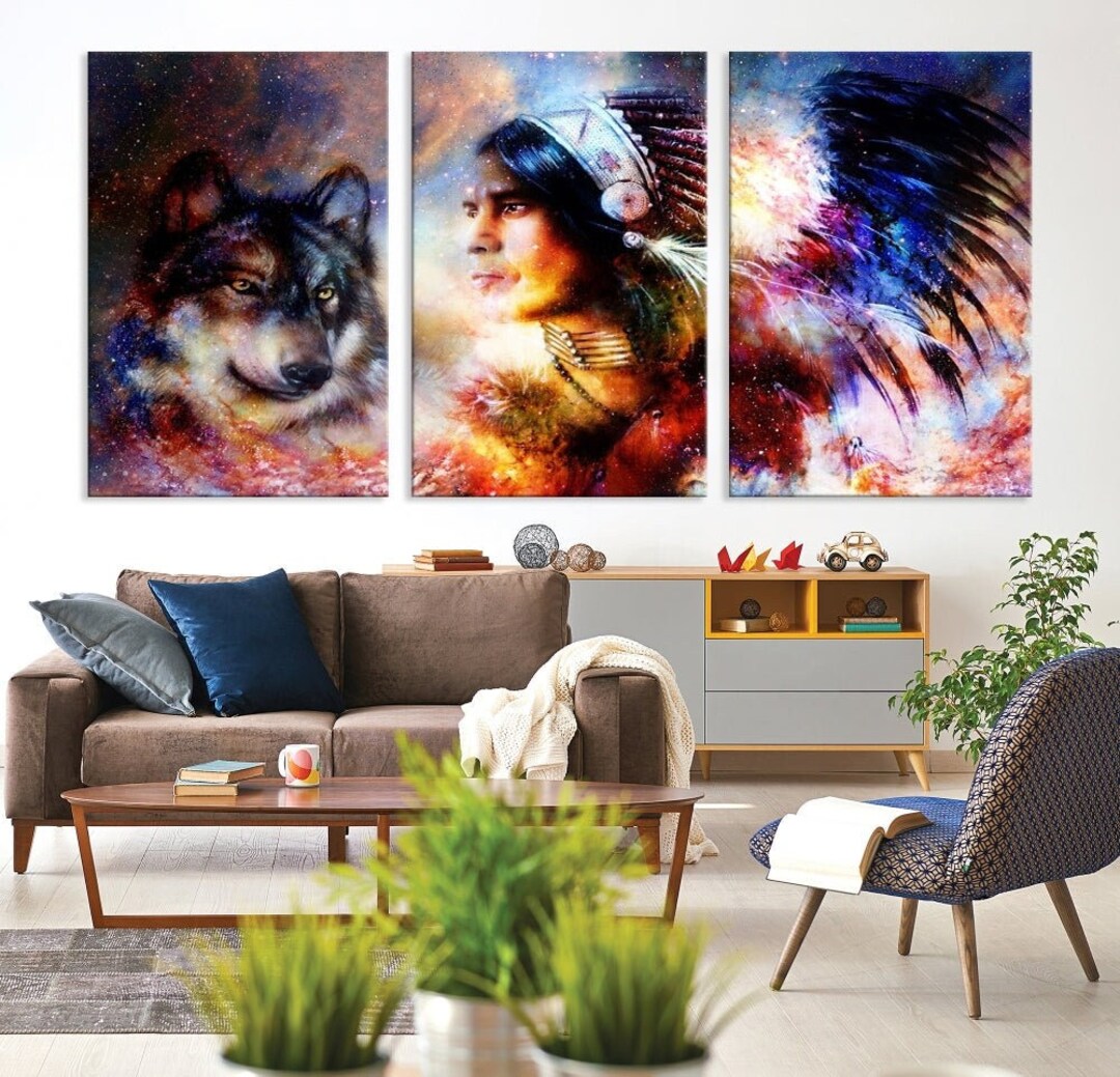 Sports Themed Artwork Native American Ice Hockey Canvas Art - Detroit Team Logo Wall Decor 50x24 Inches Native American Sports Print