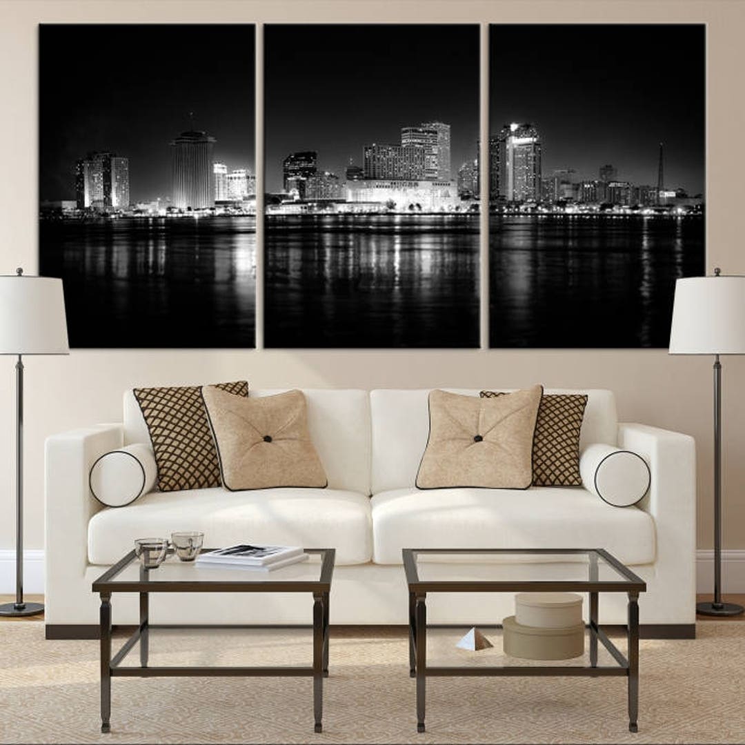 Xlarge Black&white New Orleans Skyline Canvas Art, 3 Piece New Orleans