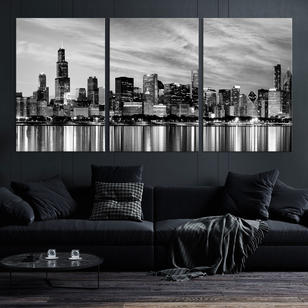Xlarge Black and White Chicago Wall Art, Chicago Skyline Print, City