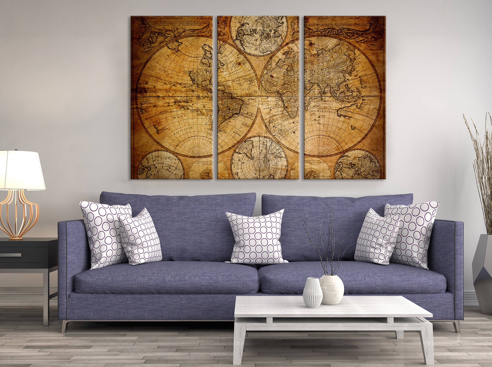 Large 3piece Vintage World Map Wall Art Map Canvas Print Etsy