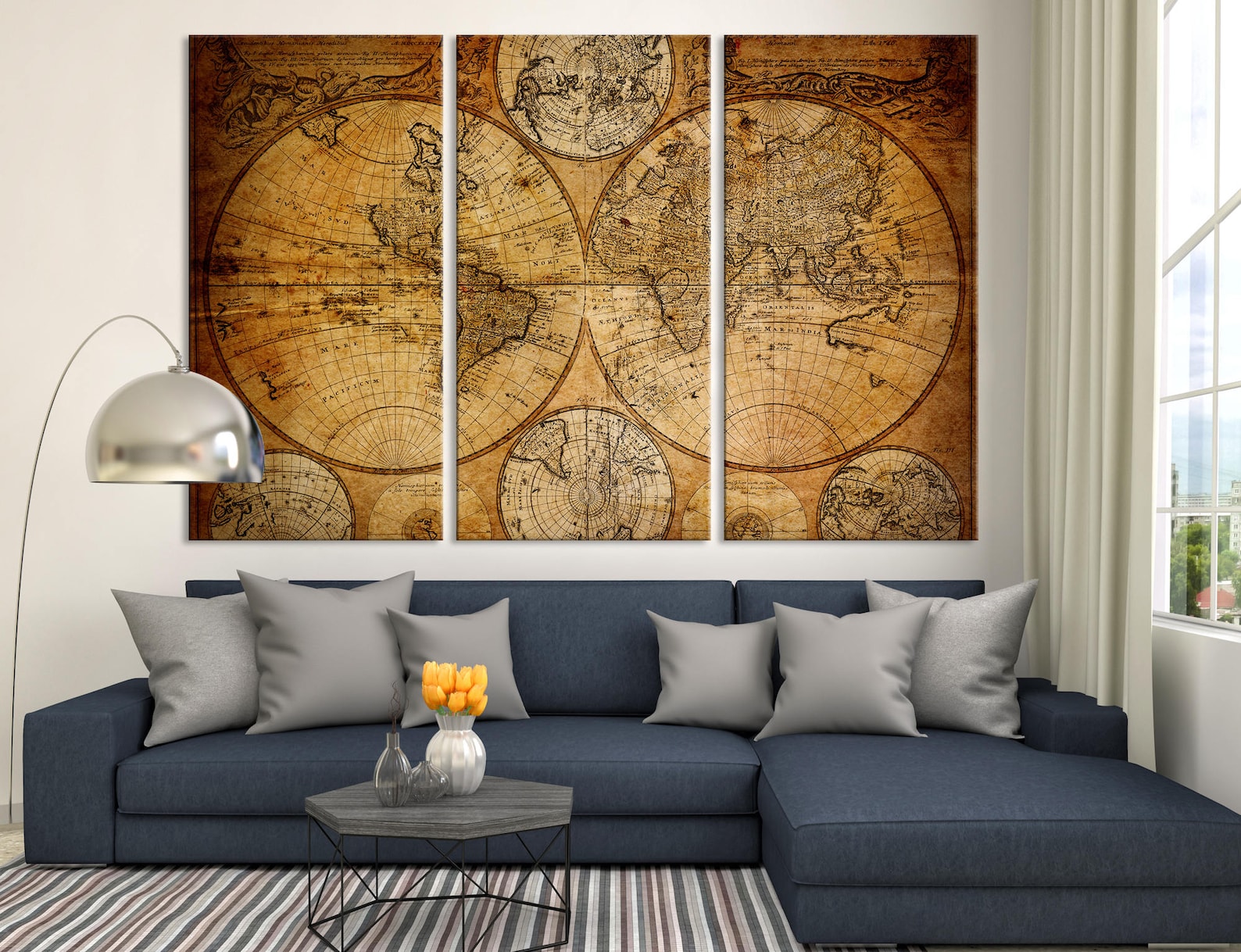 Large 3piece Vintage World Map Wall Art Map Canvas Print Etsy