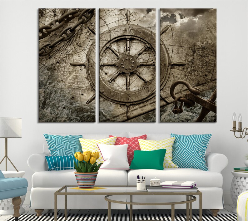 Large Nautical Wall Art Ship Wheel Art Print Ocean Theme Etsy