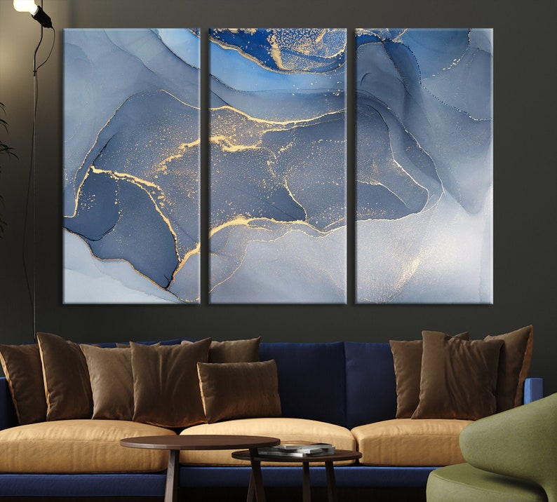 Blue Abstract Canvas Wall Art Blue Gold Marble Art Print Etsy