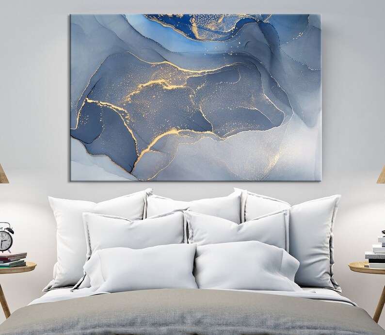 Blue Abstract Canvas Wall Art Blue Gold Marble Art Print Etsy
