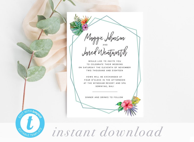 Tropical Wedding Invitation Template Modern Wedding Invites Etsy