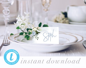 Wedding Place Card Template, Editable Name Card, Printable Reception Seating Card, Dusty Blue Watercolour and Eucalyptus Wedding Modern PDF