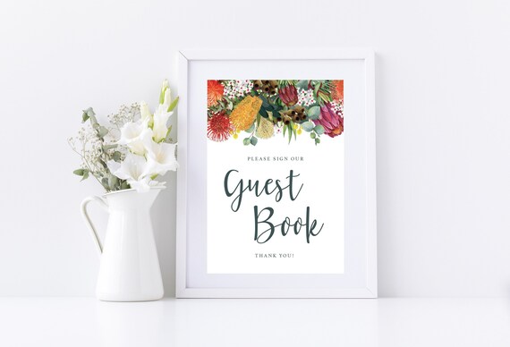 Wedding Guestbook Sign Template Printable Diy Rustic Protea Etsy