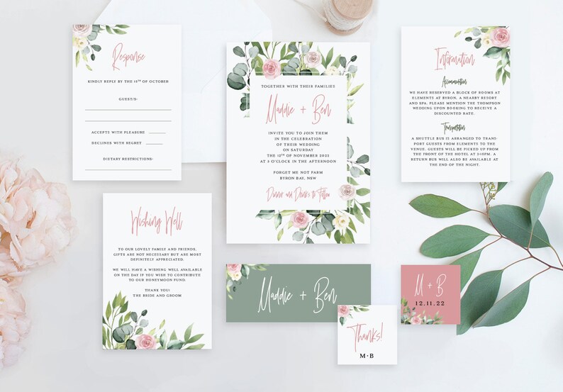 Eucalyptus Blush Greenery Rustic Wedding invite RSVP and Details templates Cards DIY Australian Natives Wedding Invitation Suite