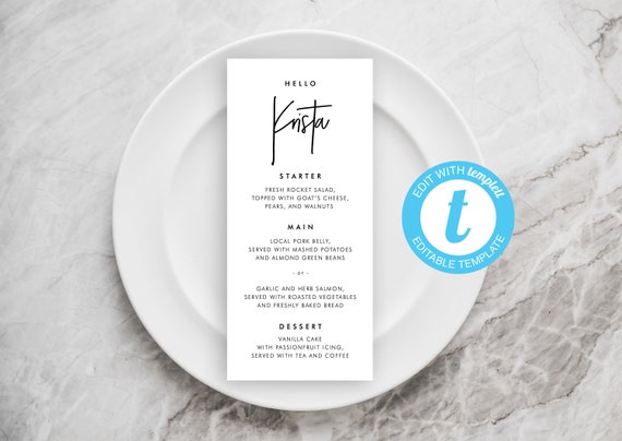 Cheap Wedding Menu Editable Template Modern Simple Printable Etsy