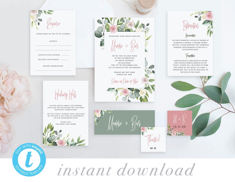 Eucalyptus Blush Greenery Rustic Wedding invite RSVP and Details templates Cards DIY Australian Natives Wedding Invitation Suite